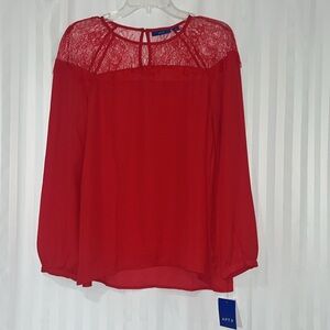 NWT Red Blouse with Lace Detailing Across Top. Long Sleeve